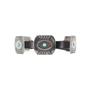 FASHION EXPRESS Black Leather Belt with Silver and Turquoise Accent