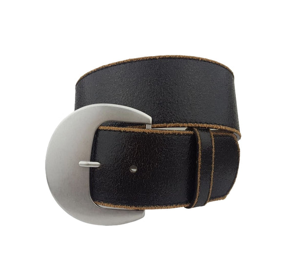 AXESORIA WEST Wide Vintage Leather Belt with Dark Silver Western