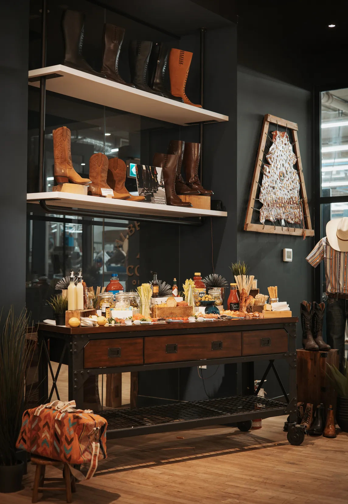 Event catering spread inside the Alberta Boot Co. Calgary flagship
